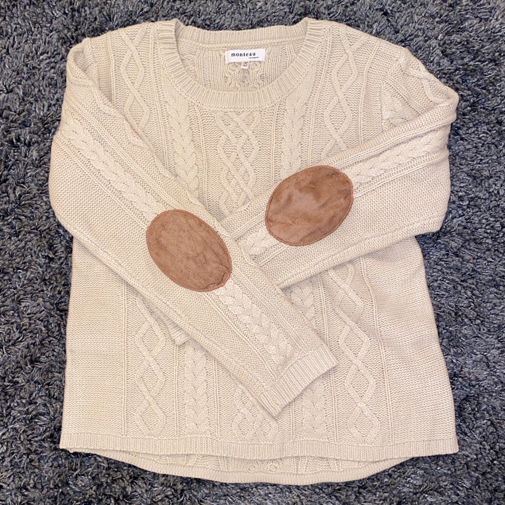 Carmel and Tan knitted sweater Swede elbow pads.